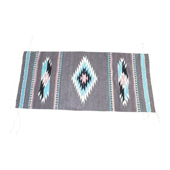 Handwoven Southwestern Aztec Tribal Wool Rug Gray Table Runner Blue Grey Fringe - Picture 1 of 5